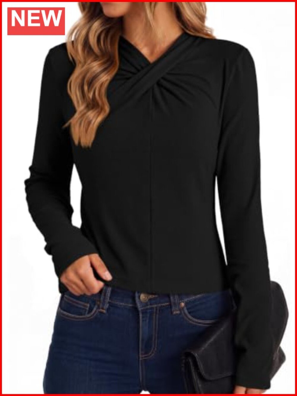 Womens Business Casual Long Sleeve Cross Twist V-Neck Work Top